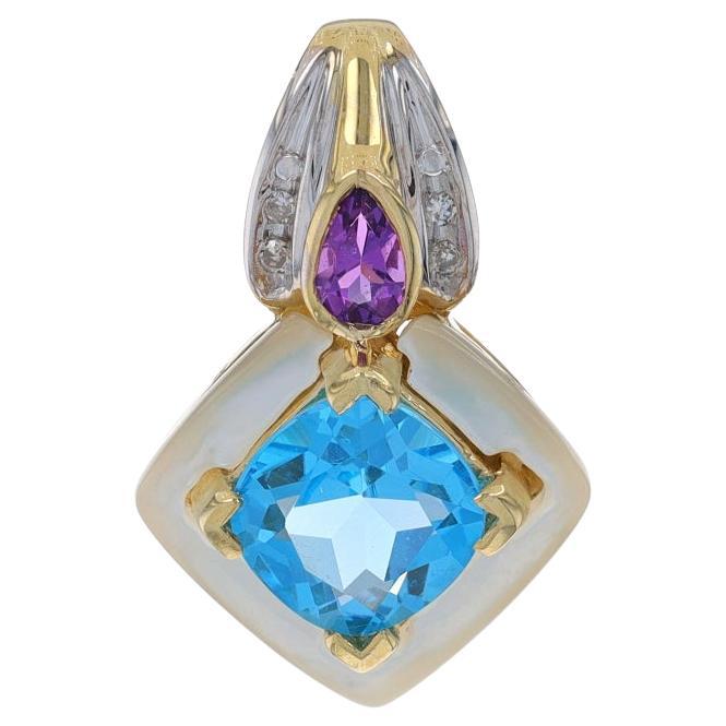 Yellow Gold Blue Topaz Amethyst Mother of Pearl Pendant - 10k Cushion 2.15ctw For Sale