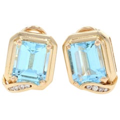Yellow Gold Blue Topaz and Diamond Large Stud Earrings, 14k Emerald Cut 8.10 Ctw