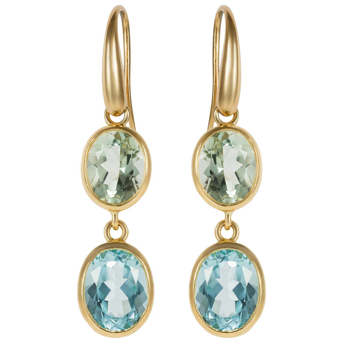 Yellow Gold Blue Topaz and Green Amethyst Double Drop Earrings 