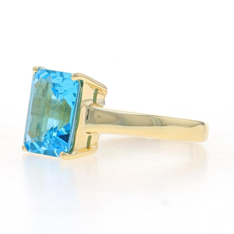 Yellow Gold Blue Topaz Cocktail Solitaire Ring - 14k Emerald Cut 3.55ct In Excellent Condition For Sale In Greensboro, NC