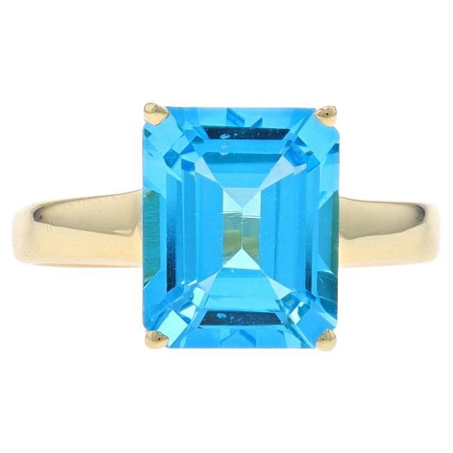 Yellow Gold Blue Topaz Cocktail Solitaire Ring - 14k Emerald Cut 3.55ct For Sale