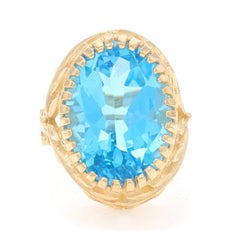 Yellow Gold Blue Topaz Cocktail Solitaire Ring - 14k Oval 13.57ct Leaf Garland