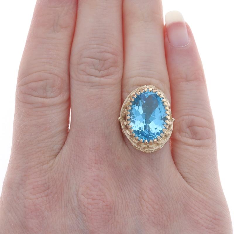 Oval Cut Yellow Gold Blue Topaz Cocktail Solitaire Ring - 14k Oval 13.57ct Leaf Garland For Sale