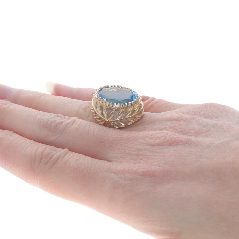 Women's Yellow Gold Blue Topaz Cocktail Solitaire Ring - 14k Oval 13.57ct Leaf Garland For Sale