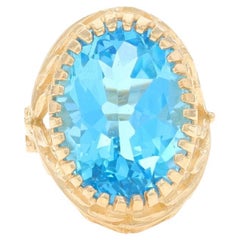 Gelbgold Blauer Topas Cocktail Solitär Ring - 14k Oval 13,57 Karat Blatt Girlande Garland