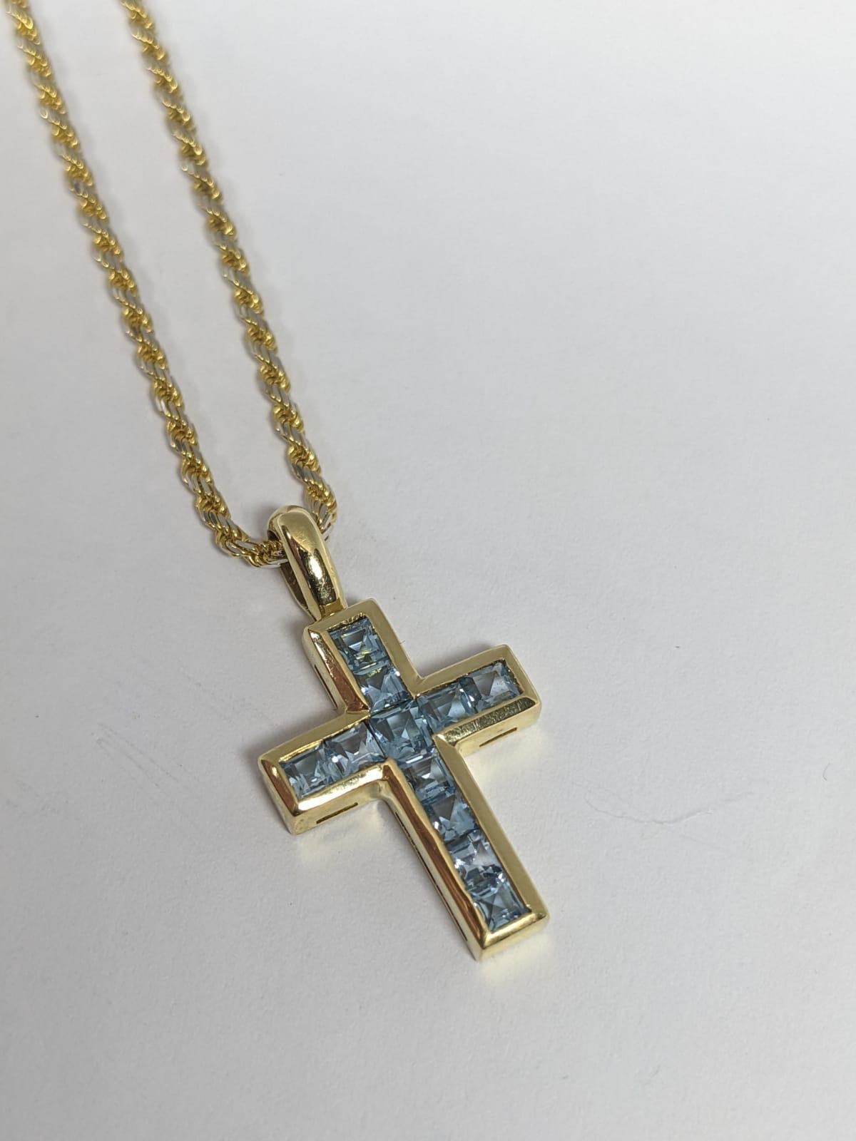 Yellow Gold Blue Topaz Cross Pendant In Excellent Condition In London, GB