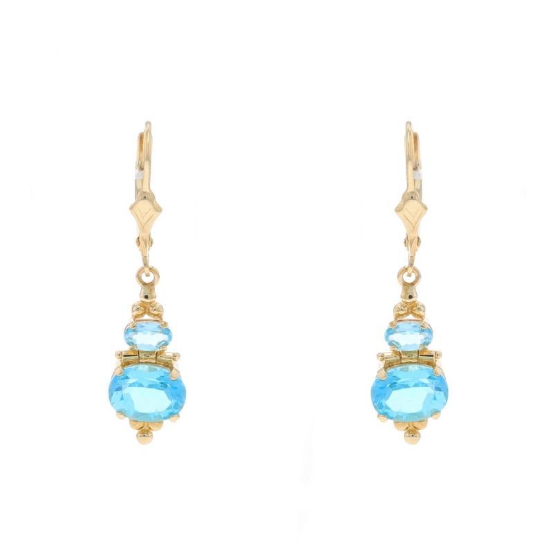 Yellow Gold Blue Topaz Dangle Earrings - 14k Oval 3.76ctw East-West Pierced In Excellent Condition For Sale In Greensboro, NC