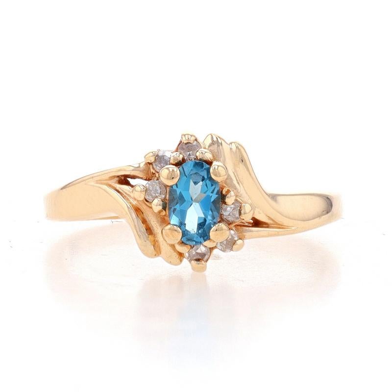Size: 6
Sizing Fee: Up 2 sizes for $35 or Down 3 sizes for $30

Metal Content: 10k Yellow Gold

Stone Information
Natural Blue Topaz
Treatment: Routinely Enhanced
Carat(s): .55ct
Cut: Oval

Natural Diamonds
Carat(s): .09ctw
Cut: Single
Color: G -