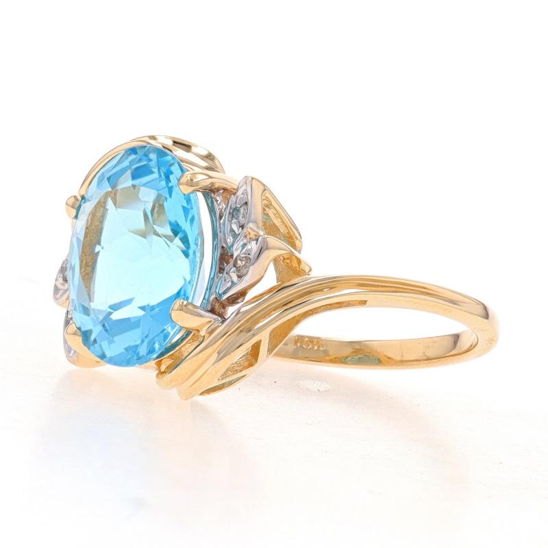 Oval Cut Yellow Gold Blue Topaz & Diamond Bypass Ring - 14k Oval 4.79ctw Botanical For Sale