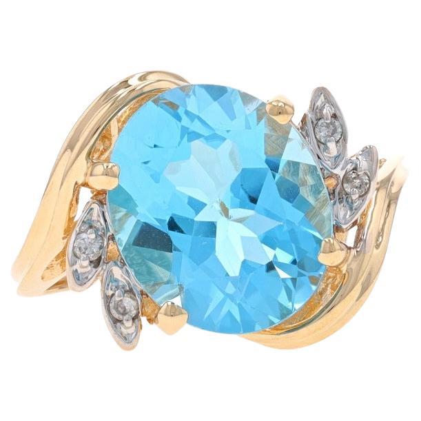 Yellow Gold Blue Topaz & Diamond Bypass Ring - 14k Oval 4.79ctw Botanical For Sale