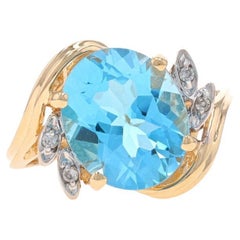 Yellow Gold Blue Topaz & Diamond Bypass Ring - 14k Oval 4.79ctw Botanical