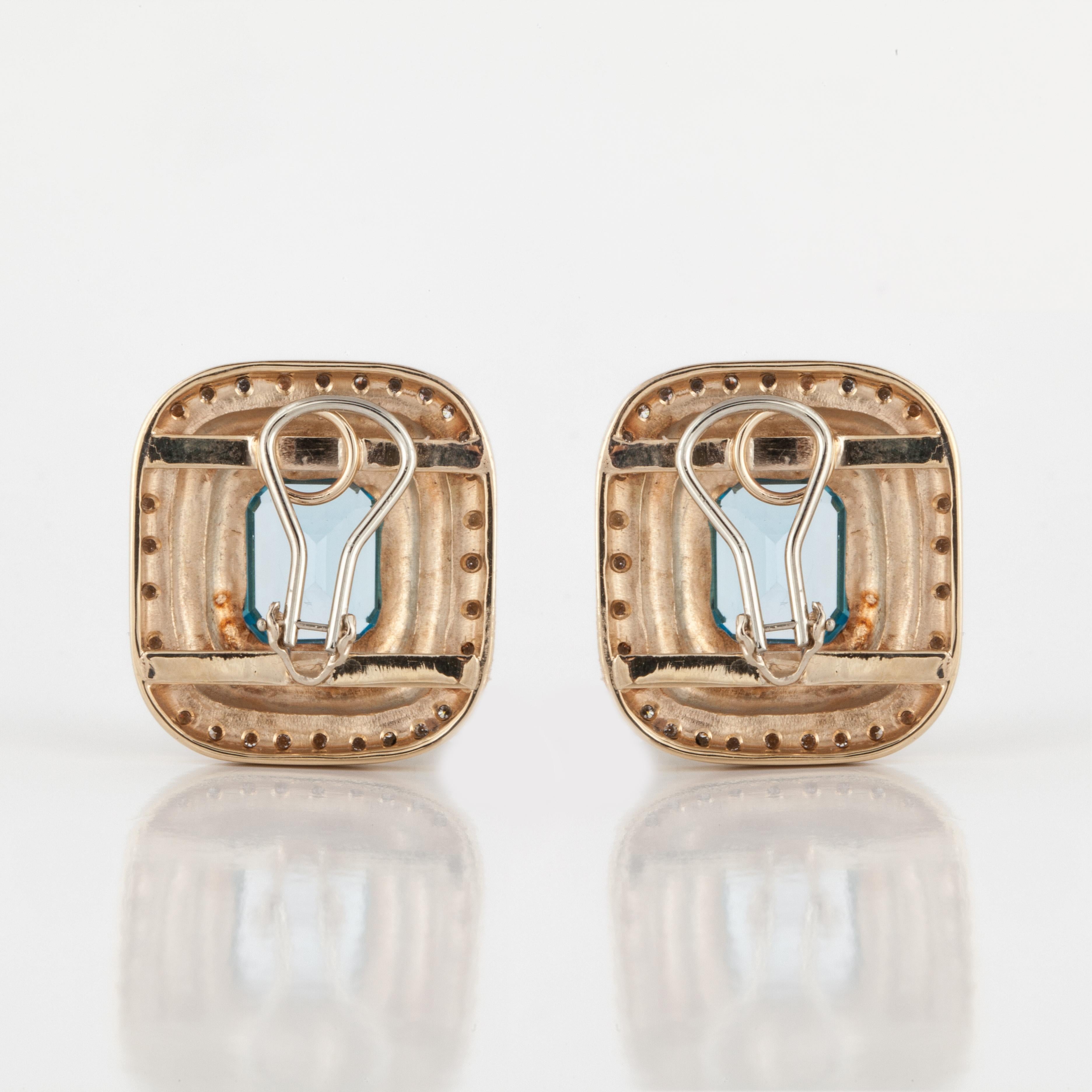 Mixed Cut 14K Gold Blue Topaz and Diamond Earrings For Sale