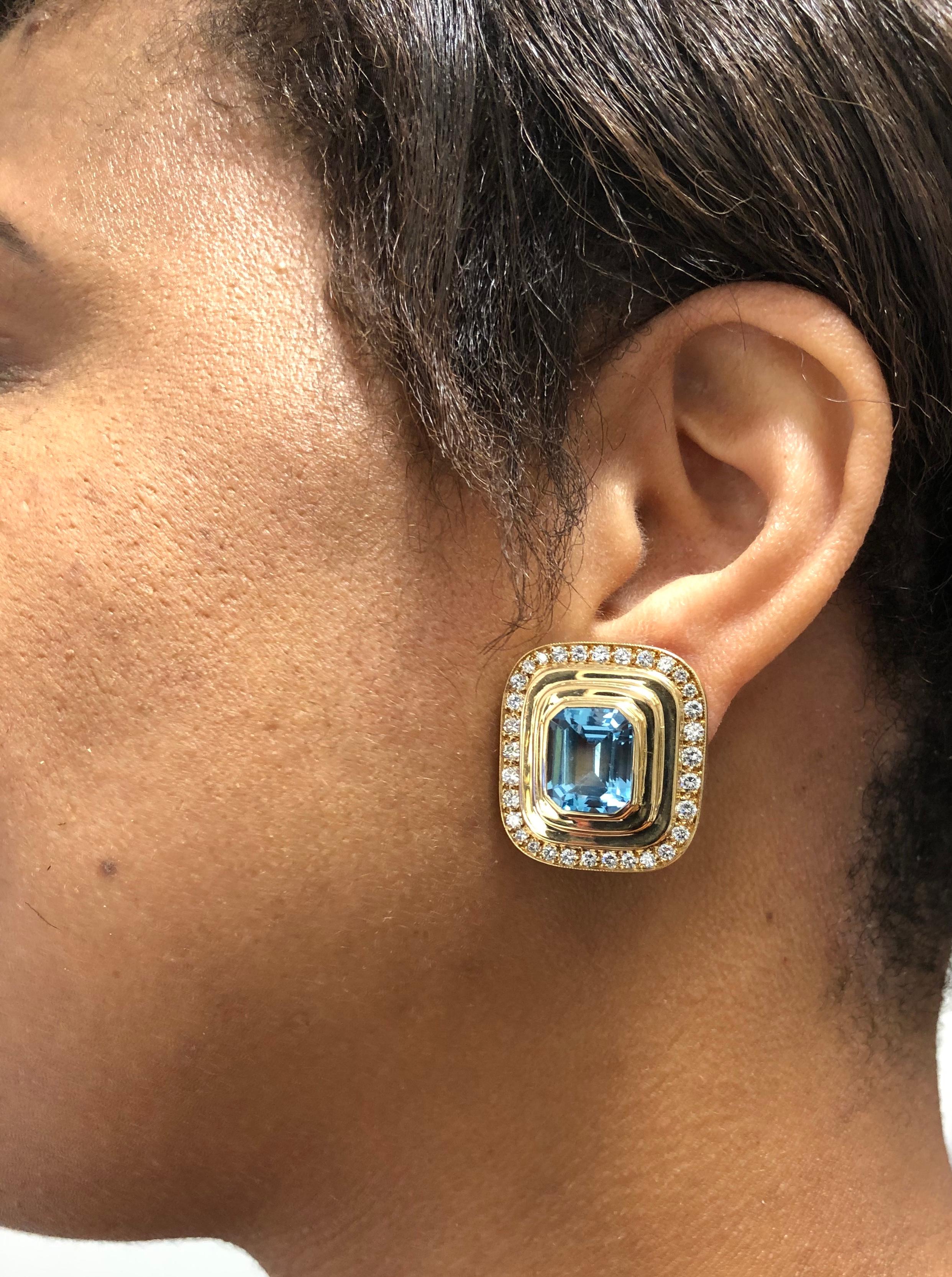 Women's 14K Gold Blue Topaz and Diamond Earrings For Sale