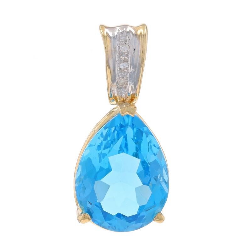 Contenu métallique : Or jaune 14k et or blanc 14k

Informations sur les pierres

Topaze naturelle
Traitement : Amélioration de routine
Carat(s) : 9.37ct
Coupe : Poire
Couleur : Bleu

Diamants naturels
Carat(s) : .03ctw
Coupe : Brillant rond
Couleur