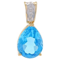Yellow Gold Blue Topaz & Diamond Enhancer Pendant - 14k Pear 9.40ctw