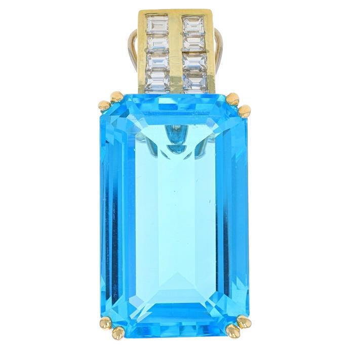 Yellow Gold Blue Topaz & Diamond Enhancer Pendant - 18k Emerald Cut 34.80ctw For Sale