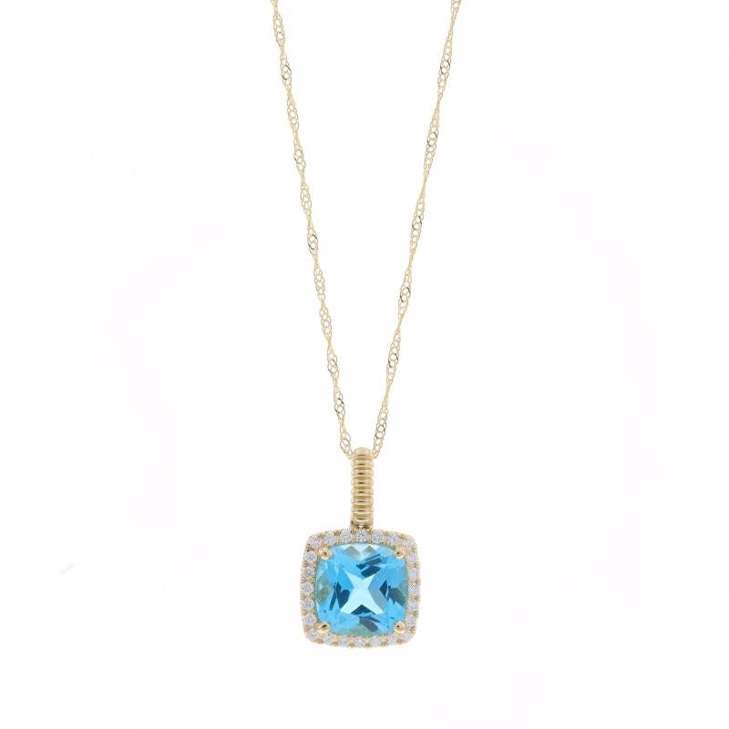 Metallgehalt: 14k Gelbgold

Informationen zu Stein

Natürlicher Topas
Behandlung: Routinemäßig verbessert
Karat(e): 2,77ct
Schnitt: Kissen
Farbe: Blau

Natürliche Diamanten
Karat(e): .14ctw
Schliff: Runder Brillant
Farbe: G
Klarheit: SI1

Karat