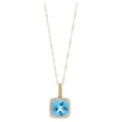 Halskette aus Gelbgold mit blauem Topas und Diamant-Halo-Anhänger 18" - 14k Kissenschliff 2,91 ctw