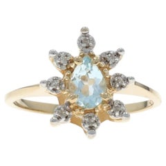 Yellow Gold Blue Topaz Diamond Halo Ring - 10k Pear .55ctw Floral