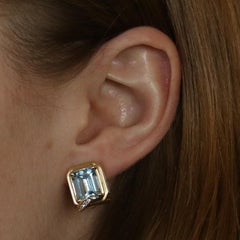 Yellow Gold Blue Topaz and Diamond Large Stud Earrings, 14k Emerald Cut 8.10 Ctw