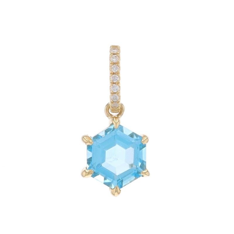 Metal Content: 14k Yellow Gold

Stone Information

Natural Topaz
Treatment: Routinely Enhanced
Carat(s): 1.10ct
Cut: Hexagon
Color: Blue

Natural Diamonds
Carat(s): .02ctw
Cut: Round Brilliant
Color: G
Clarity: VS2 - SI1

Total Carats: