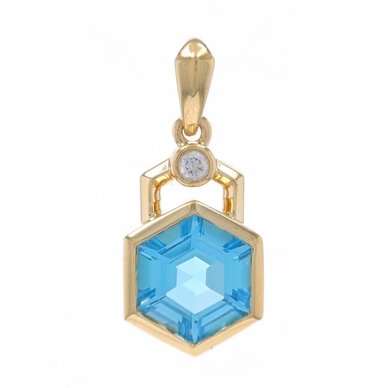 Metal Content: 14k Yellow Gold

Stone Information

Natural Topaz
Carat(s): 1.94ct
Cut: Hexagon
Color: Blue

Natural Diamond
Carat(s): .02ct
Cut: Round Brilliant
Color: G
Clarity: VS2 - SI1

Total Carats: 1.96ctw

Style: Solitaire with Accent
Theme: