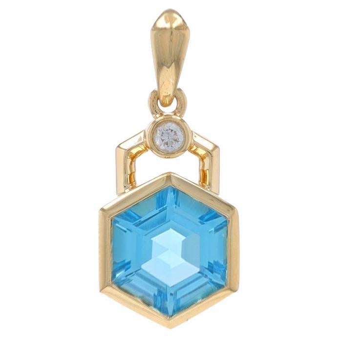 Yellow Gold Blue Topaz Diamond Pendant - 14k Hexagon 1.96ctw Geometric For Sale