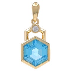 Yellow Gold Blue Topaz Diamond Pendant - 14k Hexagon 1.96ctw Geometric