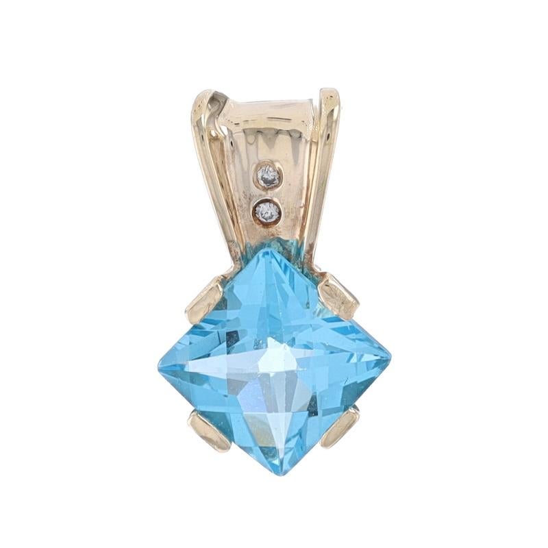 Metal Content: 14k Yellow Gold

Stone Information

Natural Blue Topaz
Treatment: Routinely Enhanced
Carat(s): 2.06ct
Cut: Square Checkerboard

Natural Diamonds
Cut: Round Brilliant
Stone Note: (two small accents)

Total Carats: