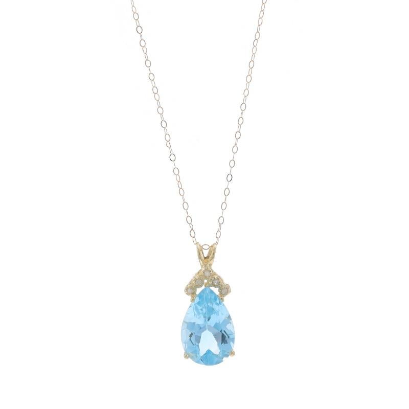 Metal Content: 14k Yellow Gold

Stone Information

Natural Blue Topaz
Treatment: Routinely Enhanced
Carat(s): 5.98ct
Cut: Pear

Natural Diamonds
Carat(s): .05ctw
Cut: Single
Color: G - H
Clarity: I2 - I3

Total Carats: 6.03ctw

Chain Style: Flat