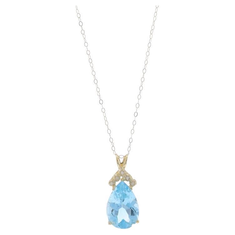 Yellow Gold Blue Topaz & Diamond Pendant Necklace 18" - 14k Pear 6.03ctw For Sale
