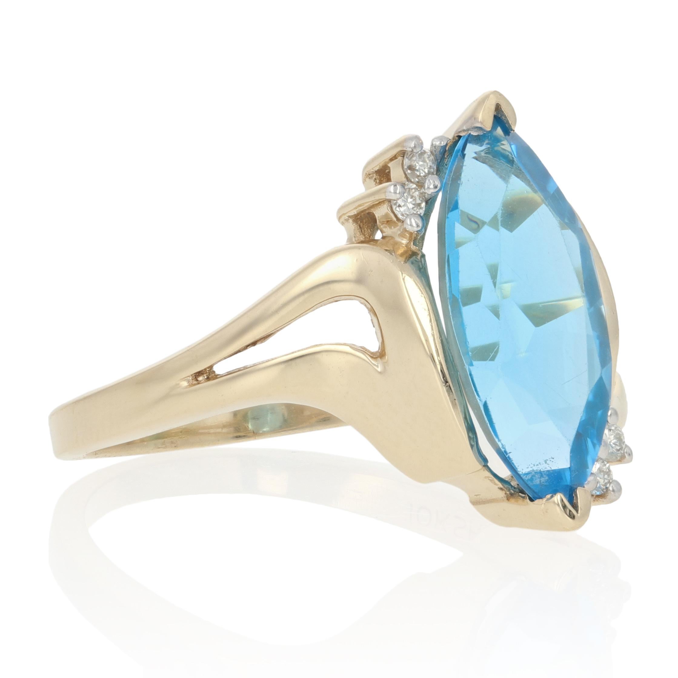 Size: 8 1/4
Sizing Fee: Down 2 sizes for $20 or Up 2 sizes for $25

Metal Content: Guaranteed 10k Gold as stamped (yellow and white)

Stone Information: 
Genuine Topaz
Treatment: Routinely Enhanced
Color: Blue
Cut: Marquise
Carat(s): 3.40ct

Natural