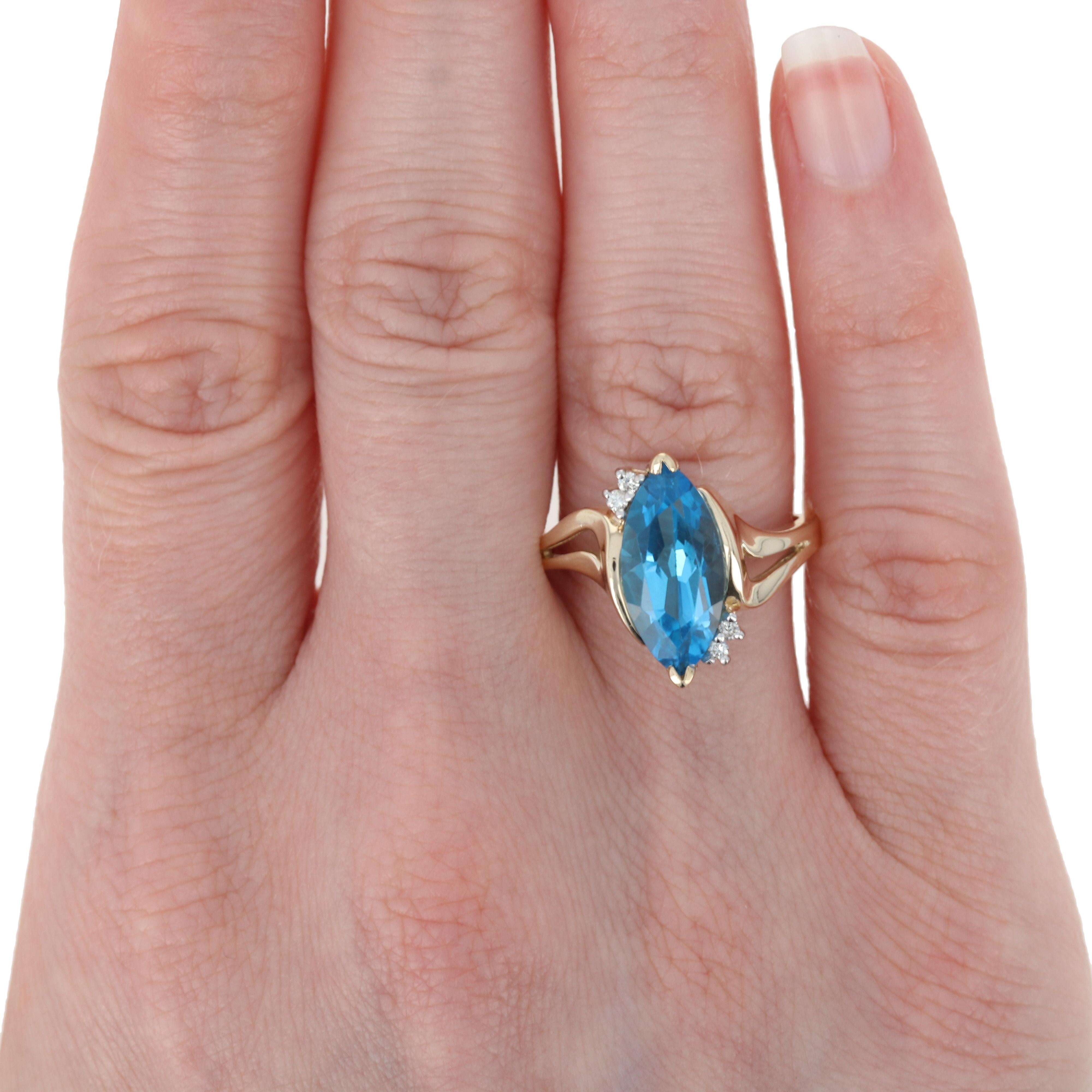 Yellow Gold Blue Topaz & Diamond Ring, 10k Marquise Cut 3.44ctw Bypass In Excellent Condition In Greensboro, NC