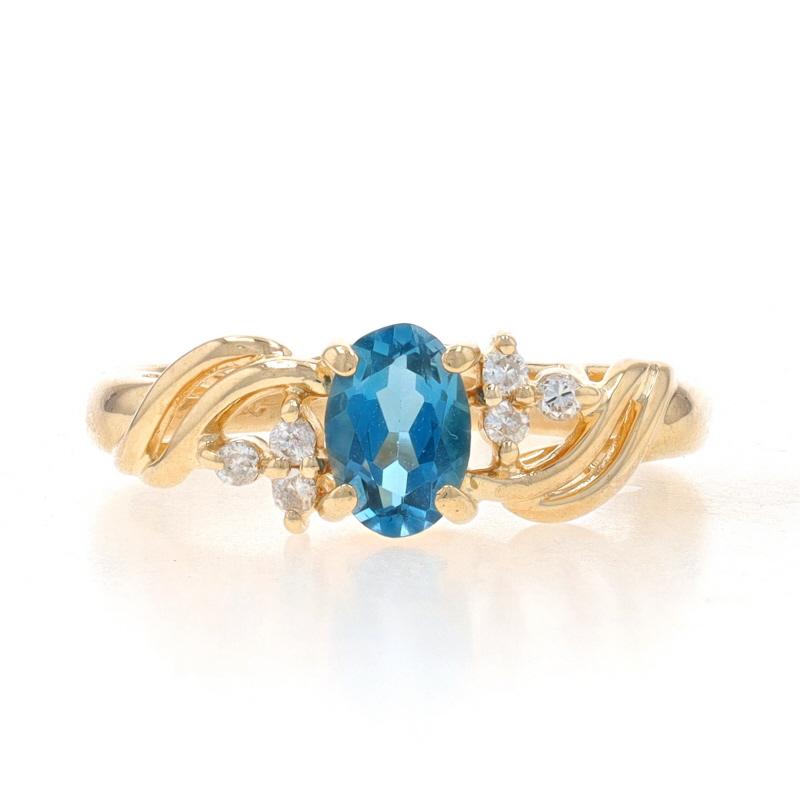 Size: 4 1/4
Sizing Fee: Up 2 sizes for $35 or Down 1 size for $30

Metal Content: 10k Yellow Gold

Stone Information

Natural Blue Topaz
Treatment: Routinely Enhanced
Carat(s): .50ct
Cut: Oval

Natural Diamonds
Carat(s): .05ctw
Cut: Round