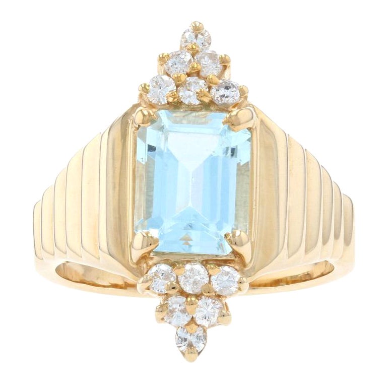 Yellow Gold Blue Topaz & Diamond Ring, 14k Emerald Cut 3.00ctw