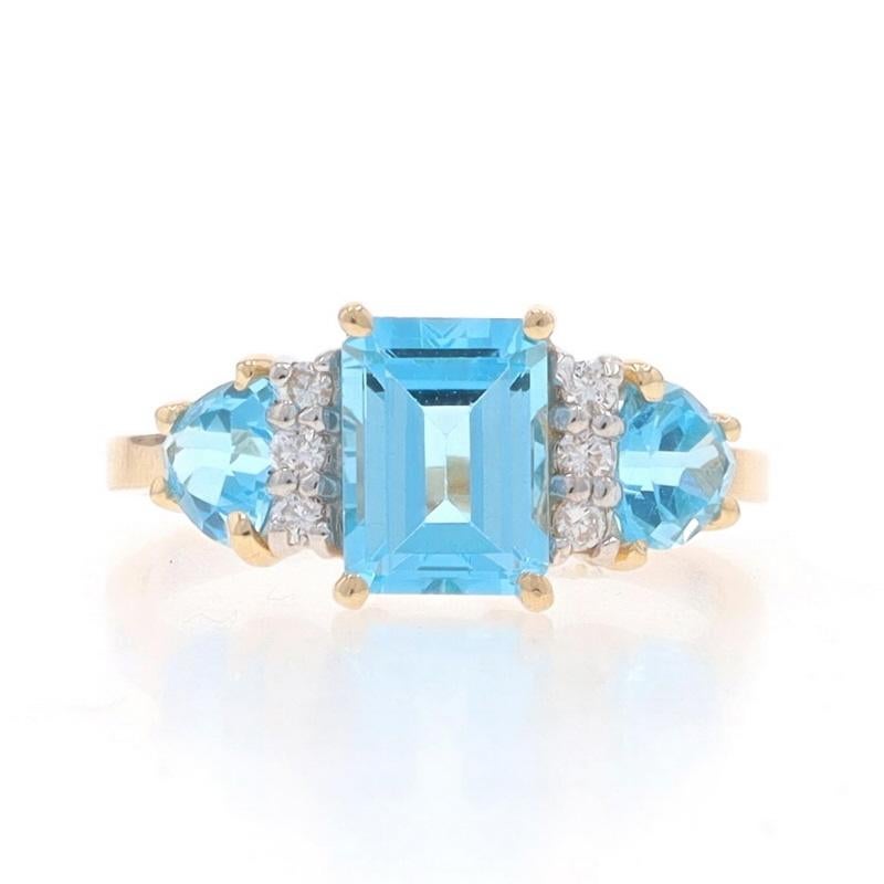 Size: 7
Sizing Fee: Down 2 sizes for $30

Metal Content: 14k Yellow Gold & 14k White Gold

Stone Information

Natural Blue Topaz
Treatment: Routinely Enhanced
Carat(s): 2.48ctw
Cut: Emerald & Trillion

Natural Diamonds
Carat(s): .09ctw
Cut: Round