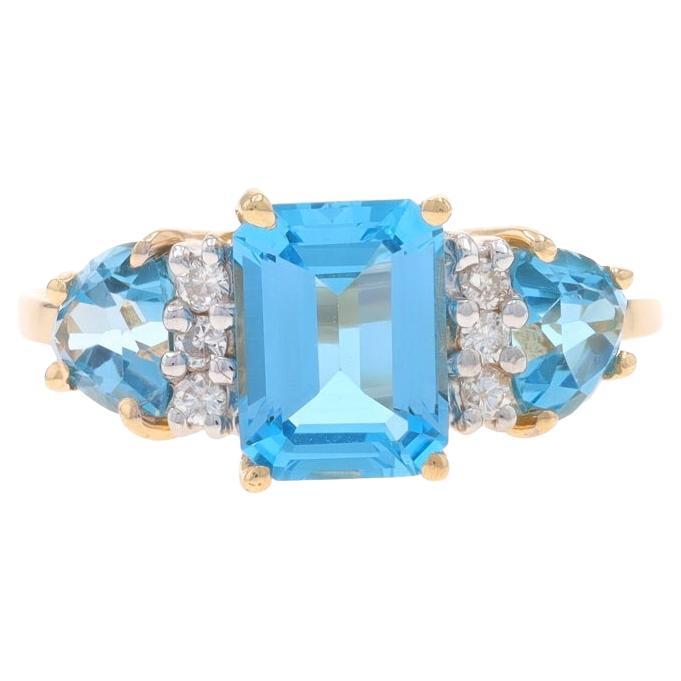 Yellow Gold Blue Topaz Diamond Ring - 14k Emerald & Trillion 2.69ctw Three-Stone