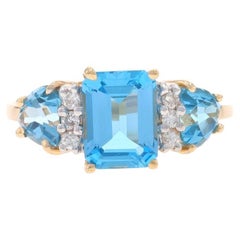 Yellow Gold Blue Topaz Diamond Ring - 14k Emerald & Trillion 2.69ctw Three-Stone