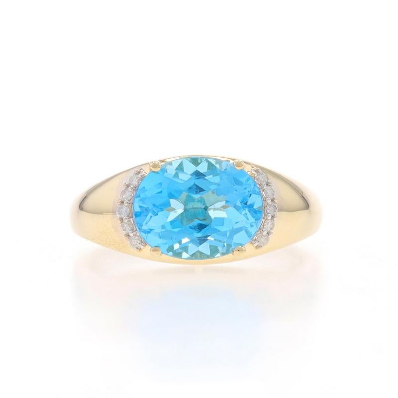Size: 7
Sizing Fee: Up 2 sizes for $35 or Down 1 size for $35

Metal Content: 14k Yellow Gold & 14k White Gold

Stone Information

Natural Blue Topaz
Treatment: Routinely Enhanced
Carat(s): 3.50ct
Cut: Oval

Natural Diamonds
Carat(s): .08ctw
Cut: