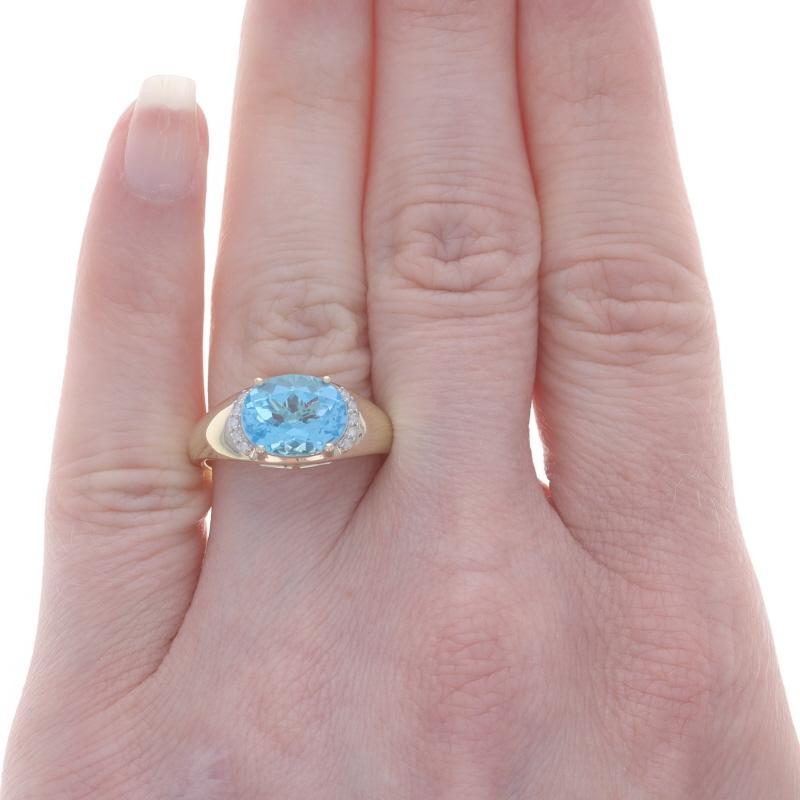 Oval Cut Yellow Gold Blue Topaz Diamond Ring - 14k Oval 3.58ctw East-West For Sale