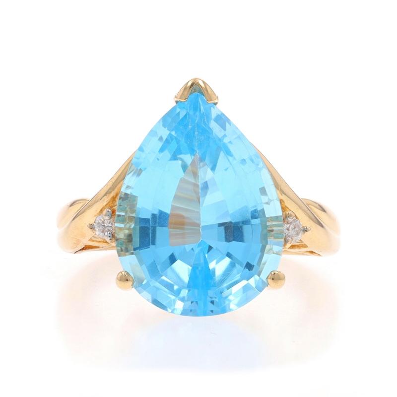 Size: 6
Sizing Fee: Up 2 1/2 sizes for $35

Metal Content: 14k Yellow Gold

Stone Information

Natural Topaz
Treatment: Routinely Enhanced
Carat(s): 9.48ct
Cut: Pear
Color: Blue

Natural Diamonds
Carat(s): .04ctw
Cut: Round Brilliant
Color: H -