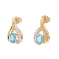 Yellow Gold Blue Topaz & Diamond Short Drop Earrings - 14k Oval .66ctw Pierced