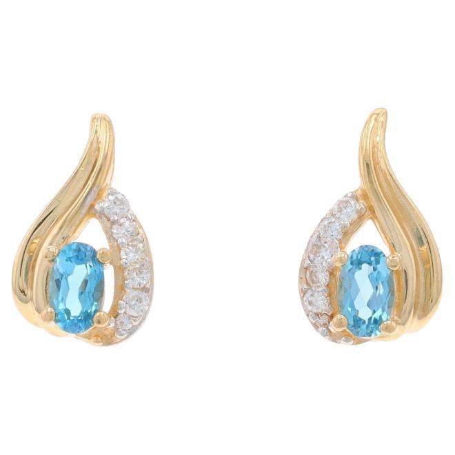 Yellow Gold Blue Topaz & Diamond Short Drop Earrings - 14k Oval .66ctw Pierced