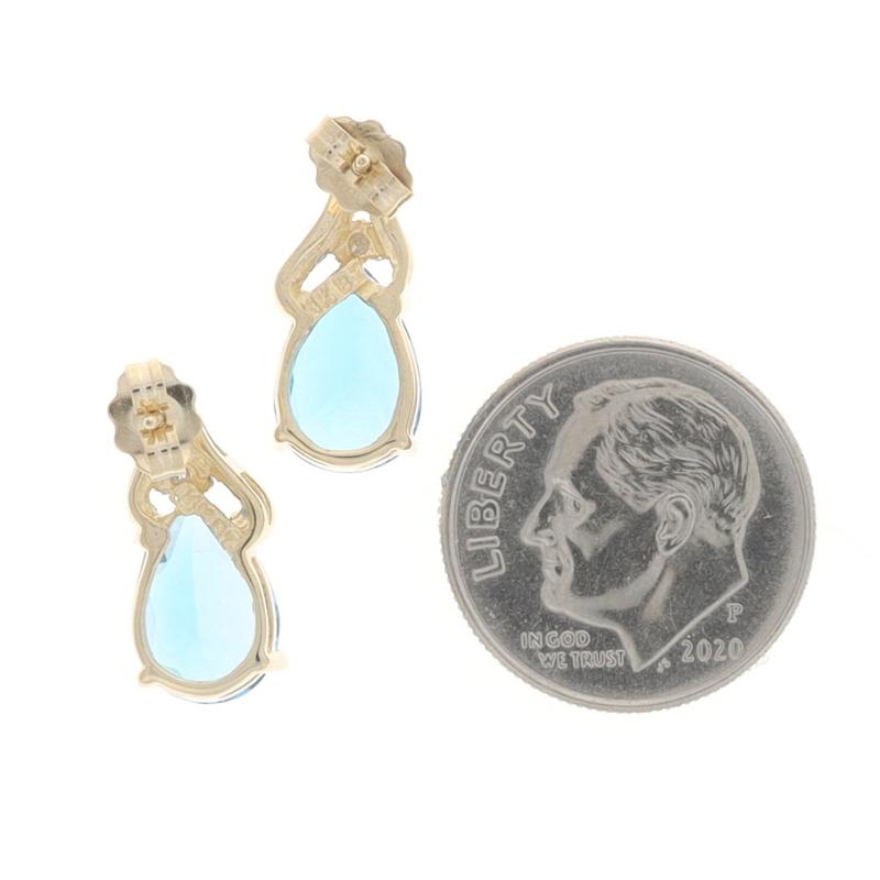 Yellow Gold Blue Topaz & Diamond Short Drop Earrings - 14k Pear 7.00ctw Pierced In Excellent Condition For Sale In Greensboro, NC