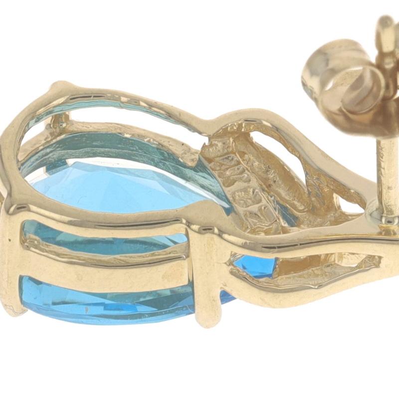 Women's Yellow Gold Blue Topaz & Diamond Short Drop Earrings - 14k Pear 7.00ctw Pierced For Sale