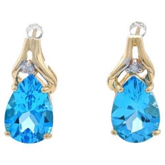 Yellow Gold Blue Topaz & Diamond Short Drop Earrings - 14k Pear 7.00ctw Pierced