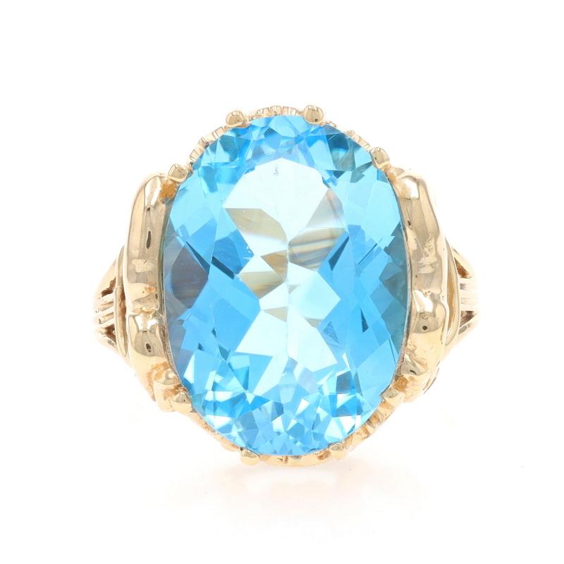 Size: 9 1/2
Sizing Fee: Up 2 sizes for $40 or Down 2 sizes for $40

Metal Content: 10k Yellow Gold

Stone Information

Natural Blue Topaz
Treatment: Routinely Enhanced
Carat(s): 12.40ct
Cut: Oval

Total Carats: 12.40ct

Style: Cocktail