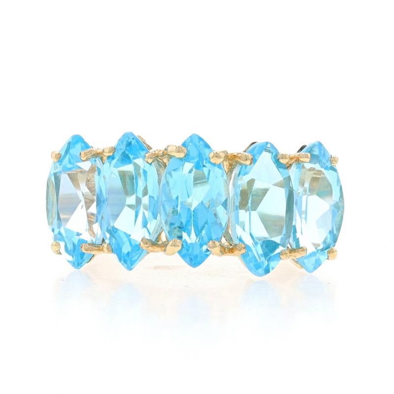 Size: 6
Sizing Fee: Up 2 sizes for $35 or Down 2 sizes for $30

Metal Content: 10k Yellow Gold

Stone Information

Natural Blue Topaz
Treatment: Routinely Enhanced
Carat(s): 6.00ctw
Cut: Marquise

Total Carats: 6.00ctw

Style: Five-Stone
Features: