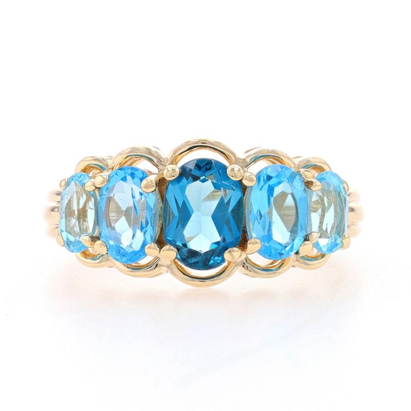 Size: 7
Sizing Fee: Up 2 sizes for $35 or Down 2 sizes for $30

Metal Content: 10k Yellow Gold

Stone Information

Natural Blue Topaz
Treatment: Routinely Enhanced
Carat(s): 2.80ctw
Cut: Oval

Total Carats: 2.80ctw

Style: Five-Stone
Features: