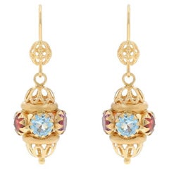 Yellow Gold Blue Topaz Garnet Amethyst Dangle Earrings 18k Round 8.20ctw Pierced